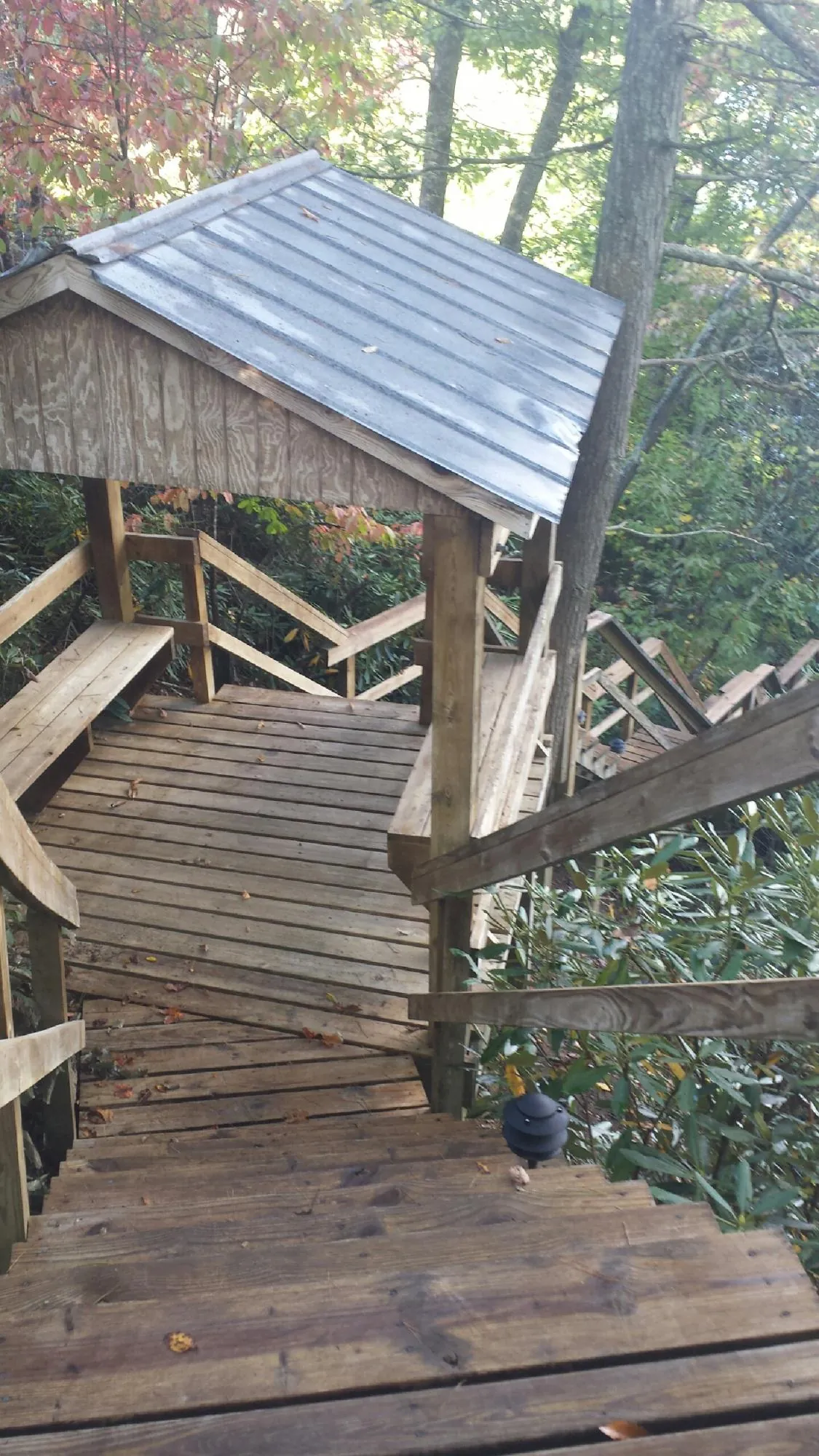 Metal roofed shelter over wooden steps on a wooded walkway — Skylight Repair & Installation work by our crew in Six Mile